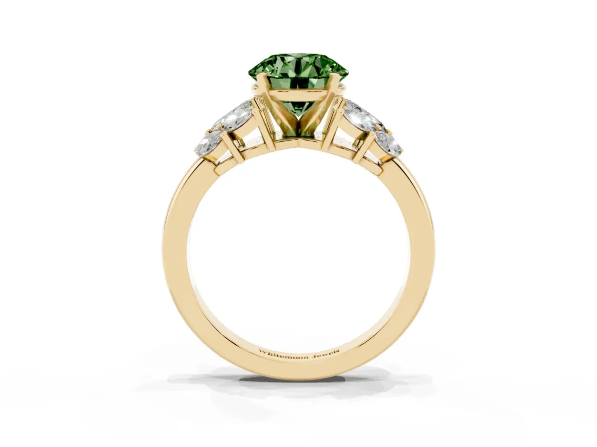 Fancy Green Round Cut Diamond Cluster Leaf Design Ring with Prong Setting Yellow gold
