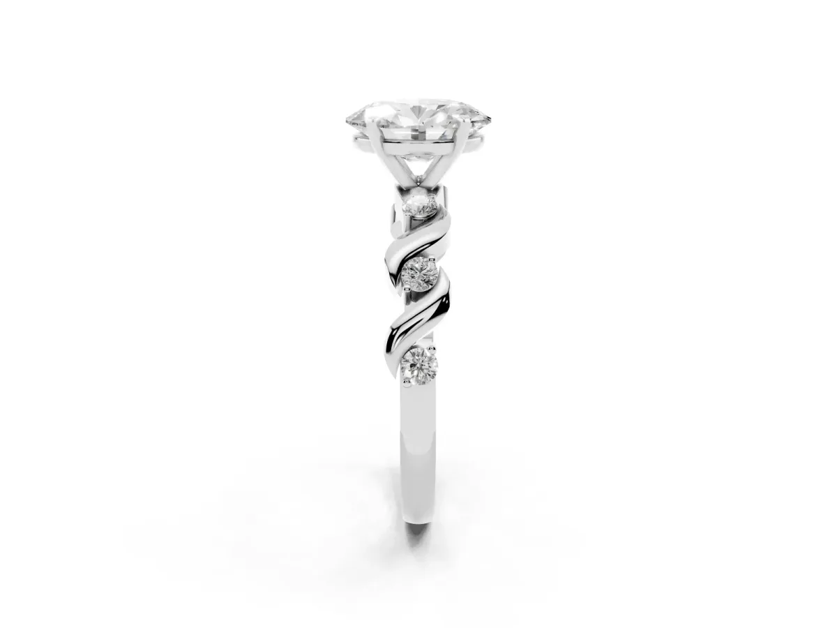Oval Cut Diamond Solitaire Twisted Band with Round Accents and Prong Setting Silver