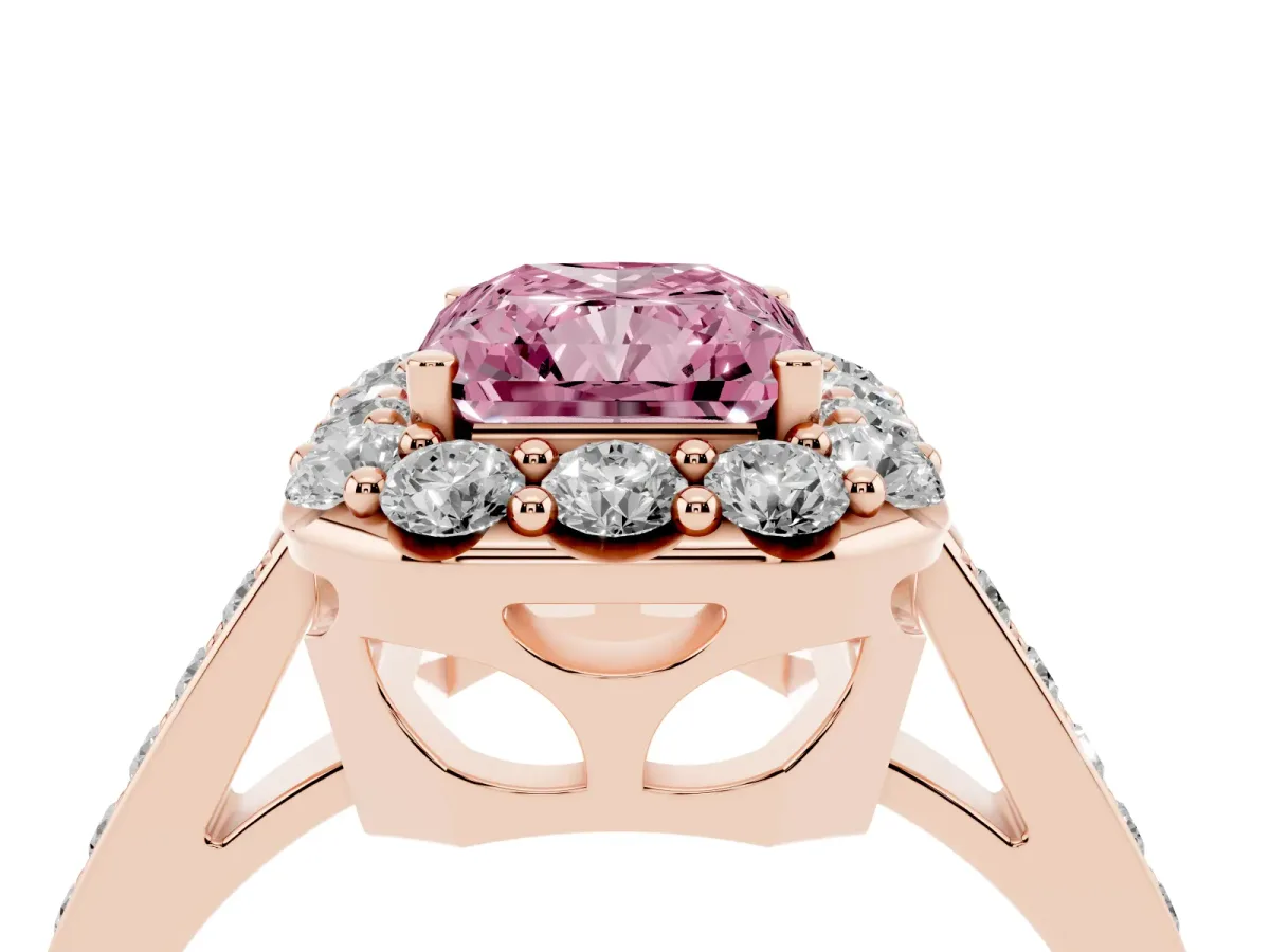 Fancy Pink Radiant Cut Diamond Floral Halo Ring with Pavé Band and Prong Setting Rose gold