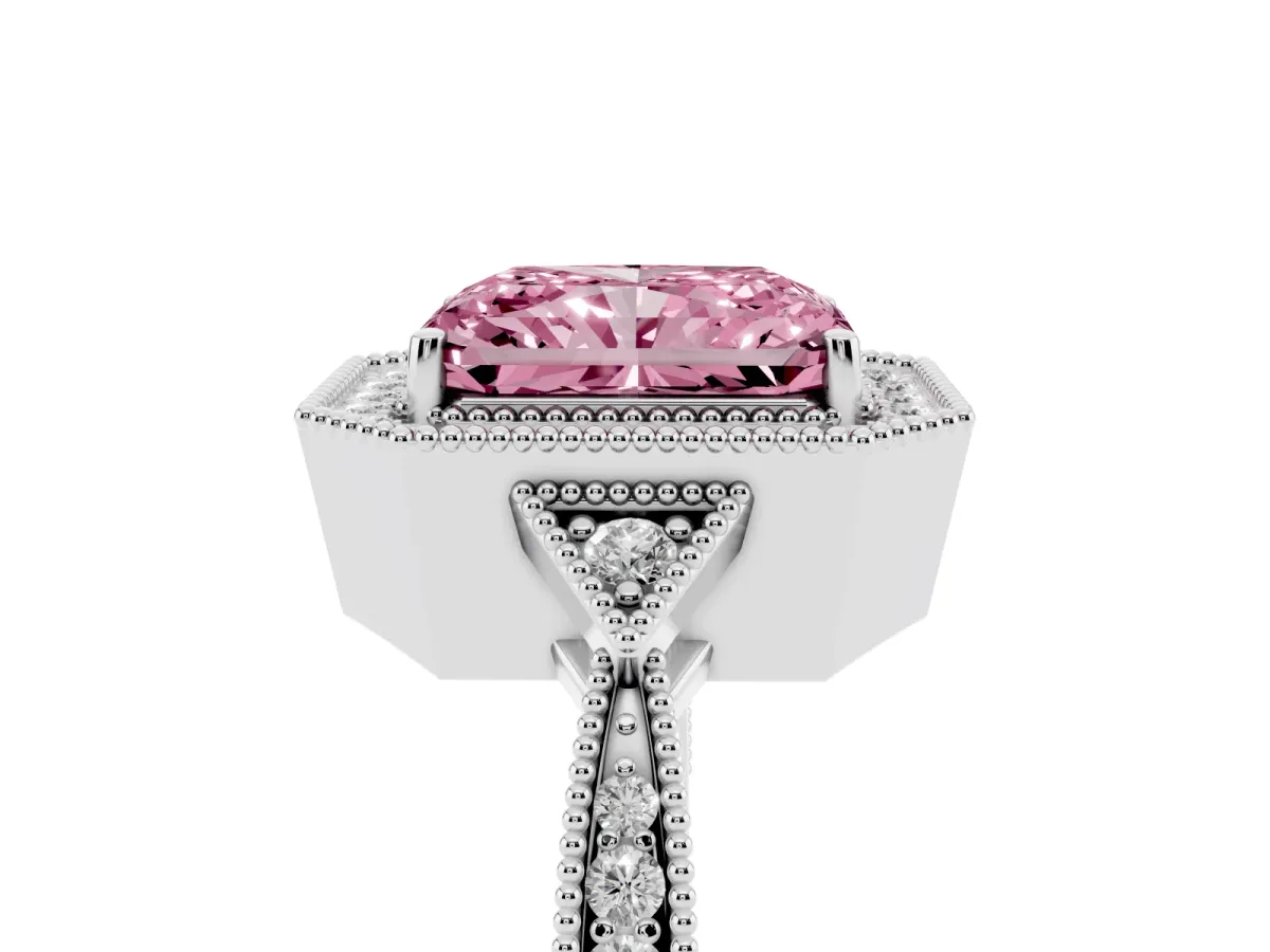 Fancy Pink Radiant Cut Halo Round Diamond Milgrain Pave Engagement Ring Silver