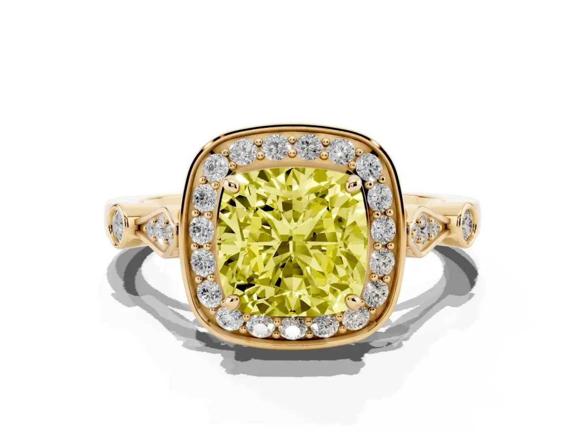 Fancy Yellow Cushion Cut Halo Diamond Engagement Ring with Twisted Band and Four-Prong Setting Yellow gold