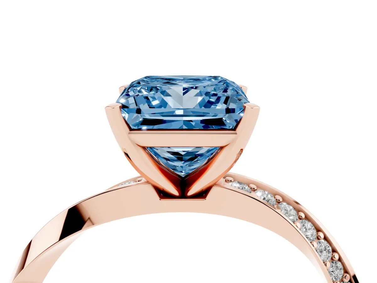 Fancy Blue Princess Cut Diamond Engagement Ring with Side Stone Accents and Four-Prong Setting Rose gold
