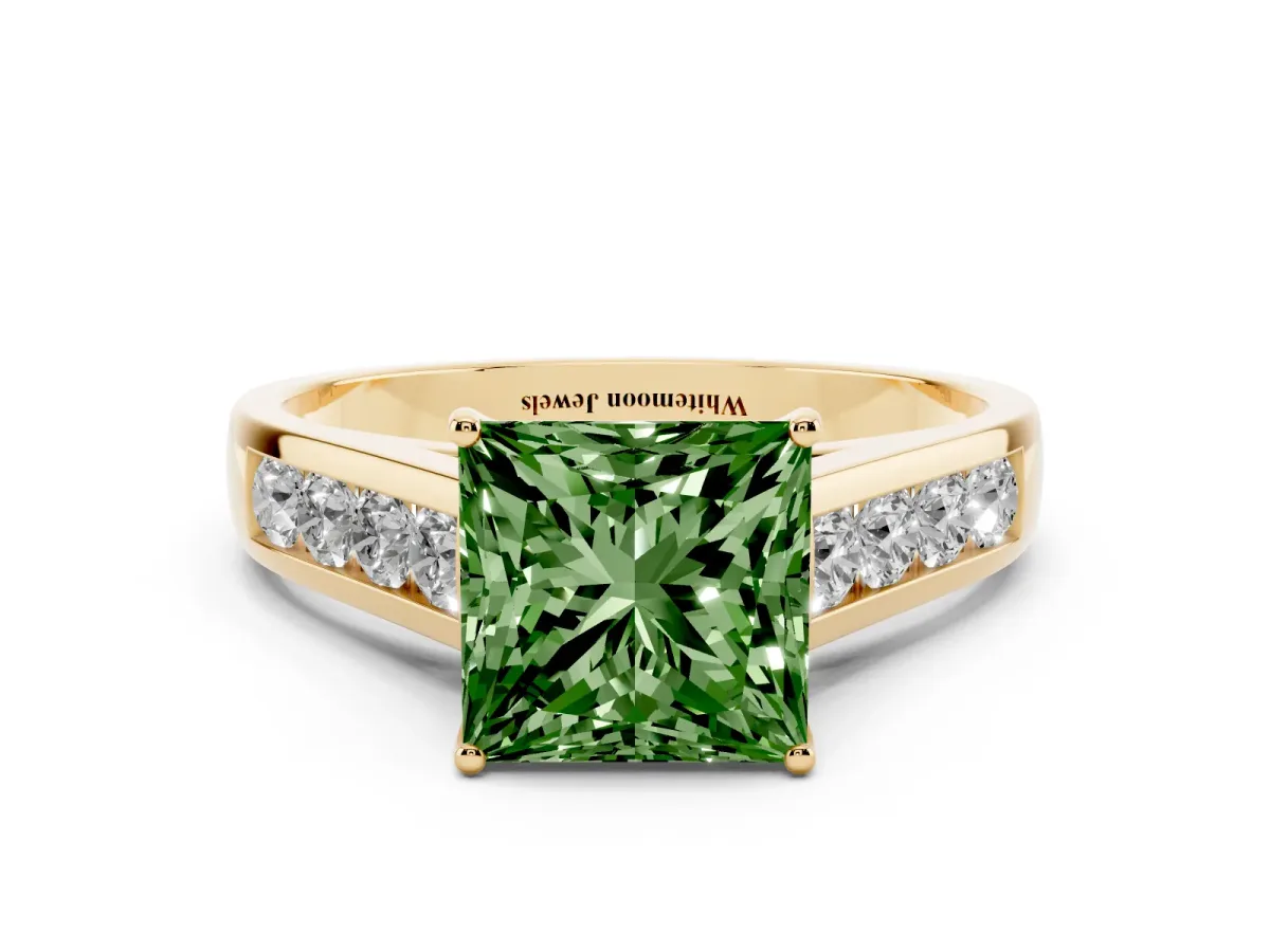 Fancy Green Princess Cut Brilliant Channel-Set Solitaire Ring with Four-Prong Setting Yellow gold