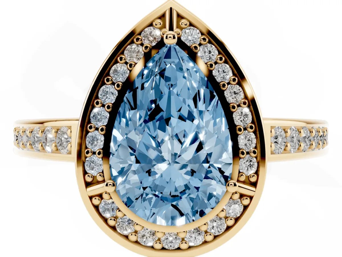 Fancy Blue Pear Cut Cut Halo Pave Split Shank Prong Setting Ring Yellow gold