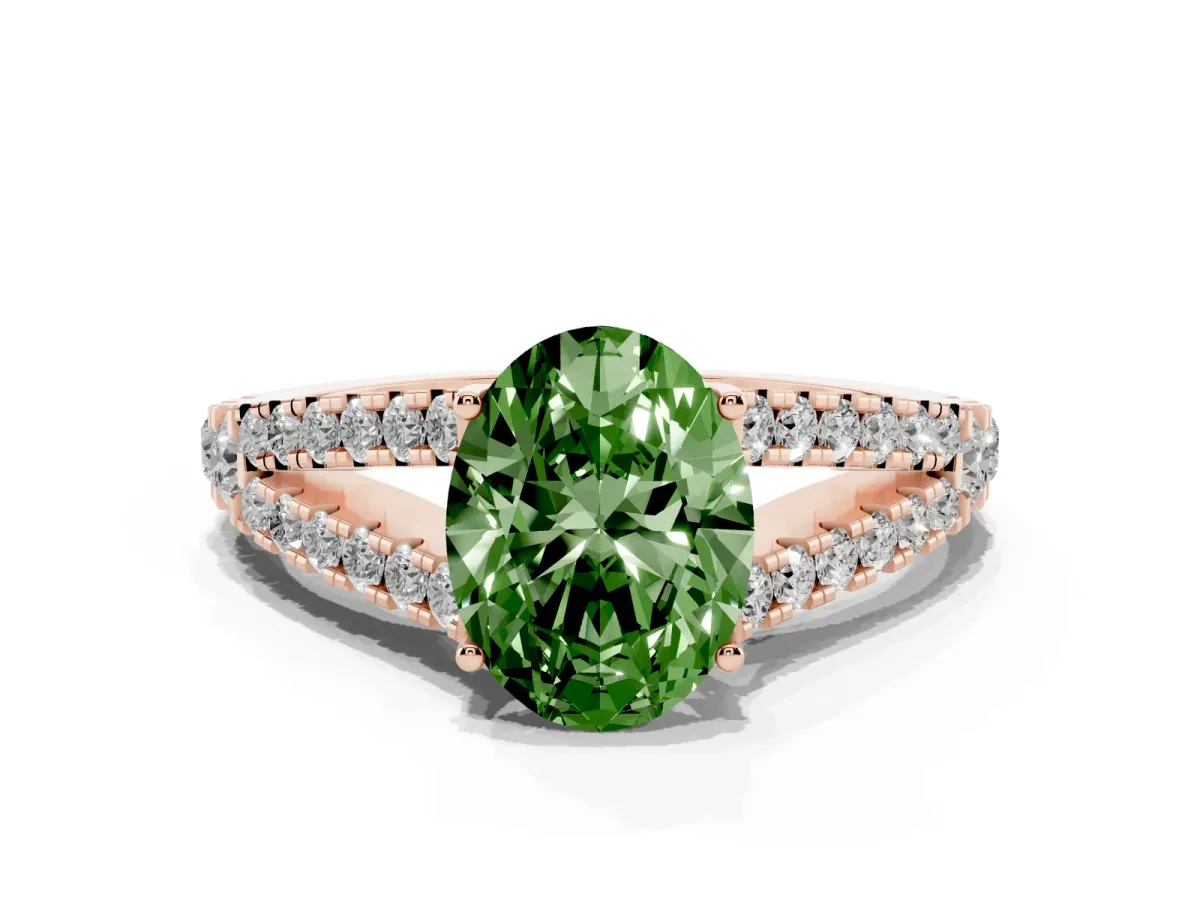 Fancy Green Oval Cut Diamond Split Shank Pavé Engagement Ring with Four-Prong Setting Rose gold