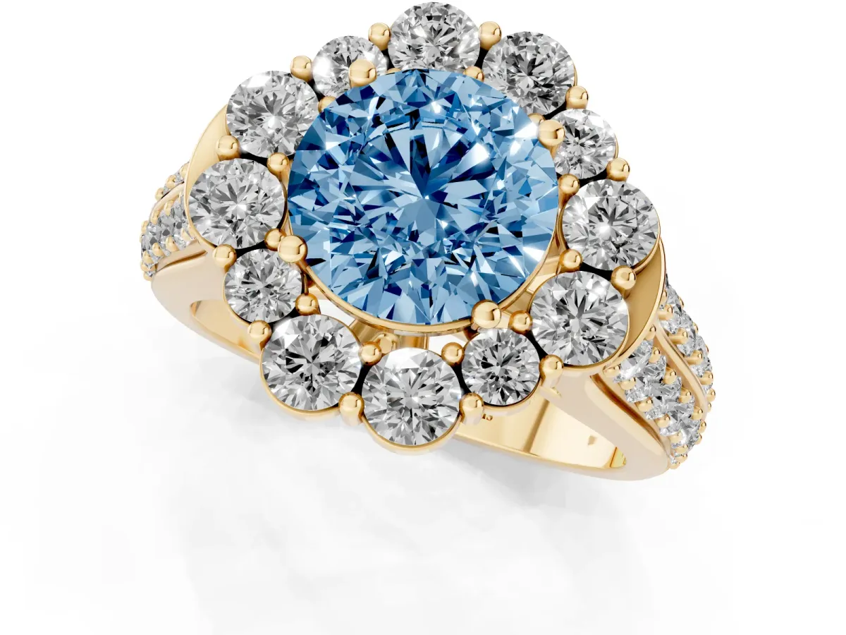 Fancy Blue Round Cut Halo Diamond Engagement Ring with Split Shank and Prong Setting Yellow gold