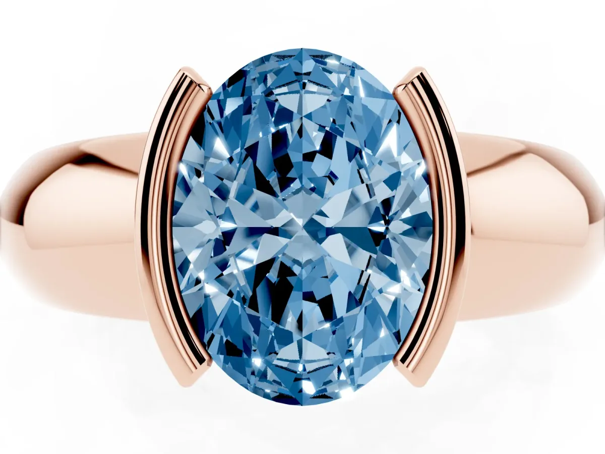Fancy Blue Oval Cut Solitaire Tension Set Diamond Ring with Wide Band Rose gold