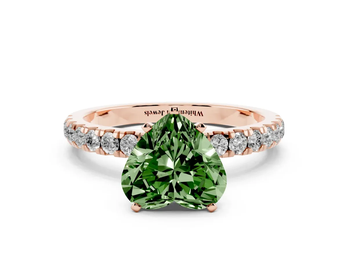Fancy Green Heart Cut Diamond Solitaire Ring with Pavé Accents and Four-Prong Setting Rose gold