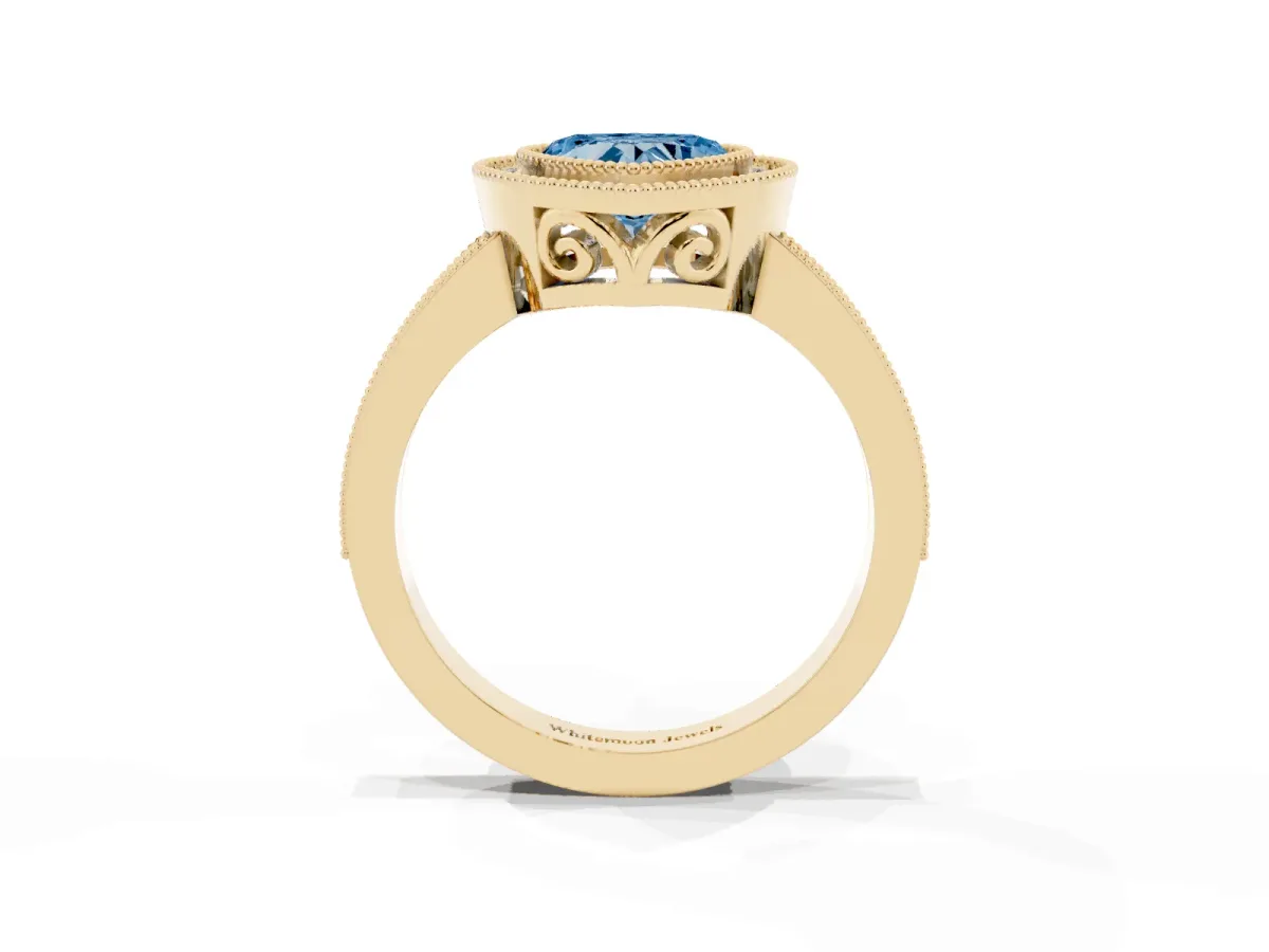 Fancy Blue Heart Cut Cut Halo Diamond Ring with Pavé Band and Milgrain Prong Setting Yellow gold