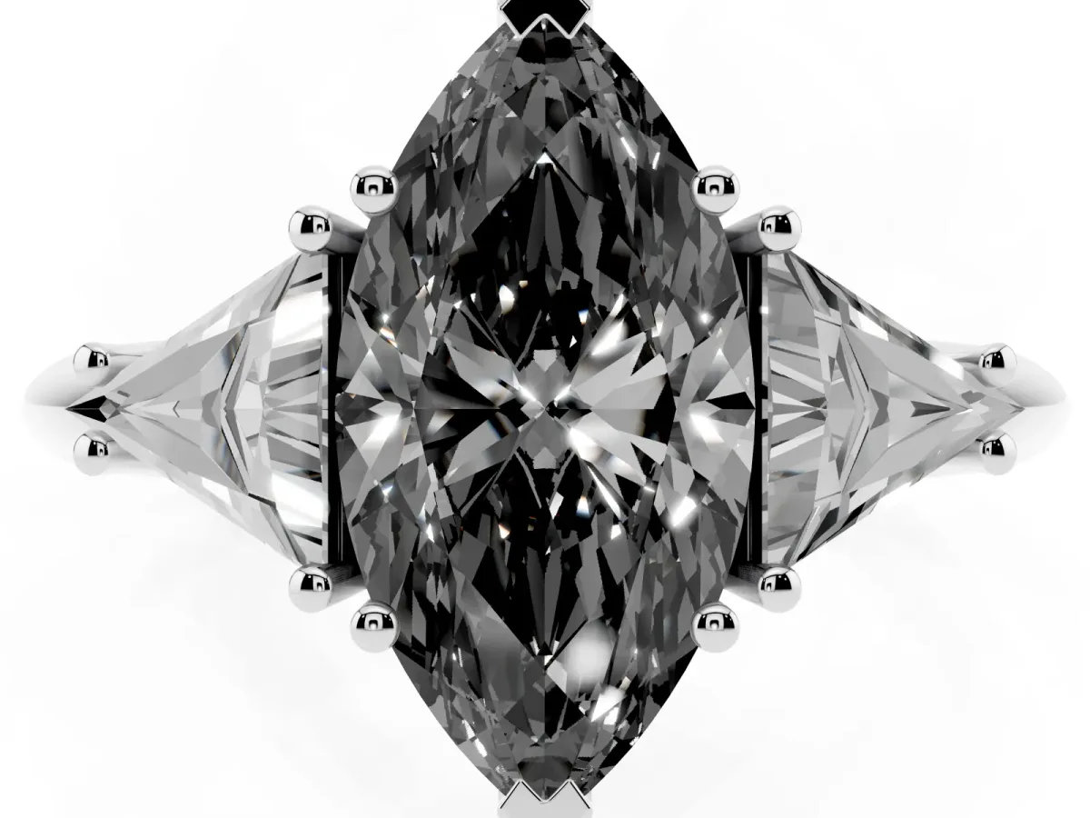 Fancy Black Three-Stone Marquise Cut Diamond Engagement Ring with Trillion Side Stones and Prong Setting Silver