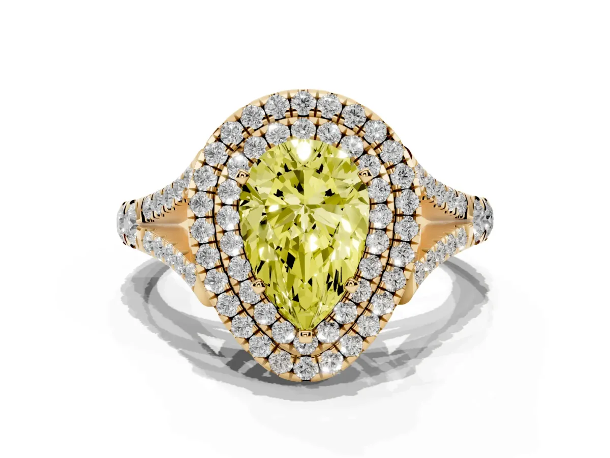 Fancy Yellow Double Halo Pear Cut Diamond Split Shank Engagement Ring with Four-Prong Setting Yellow gold
