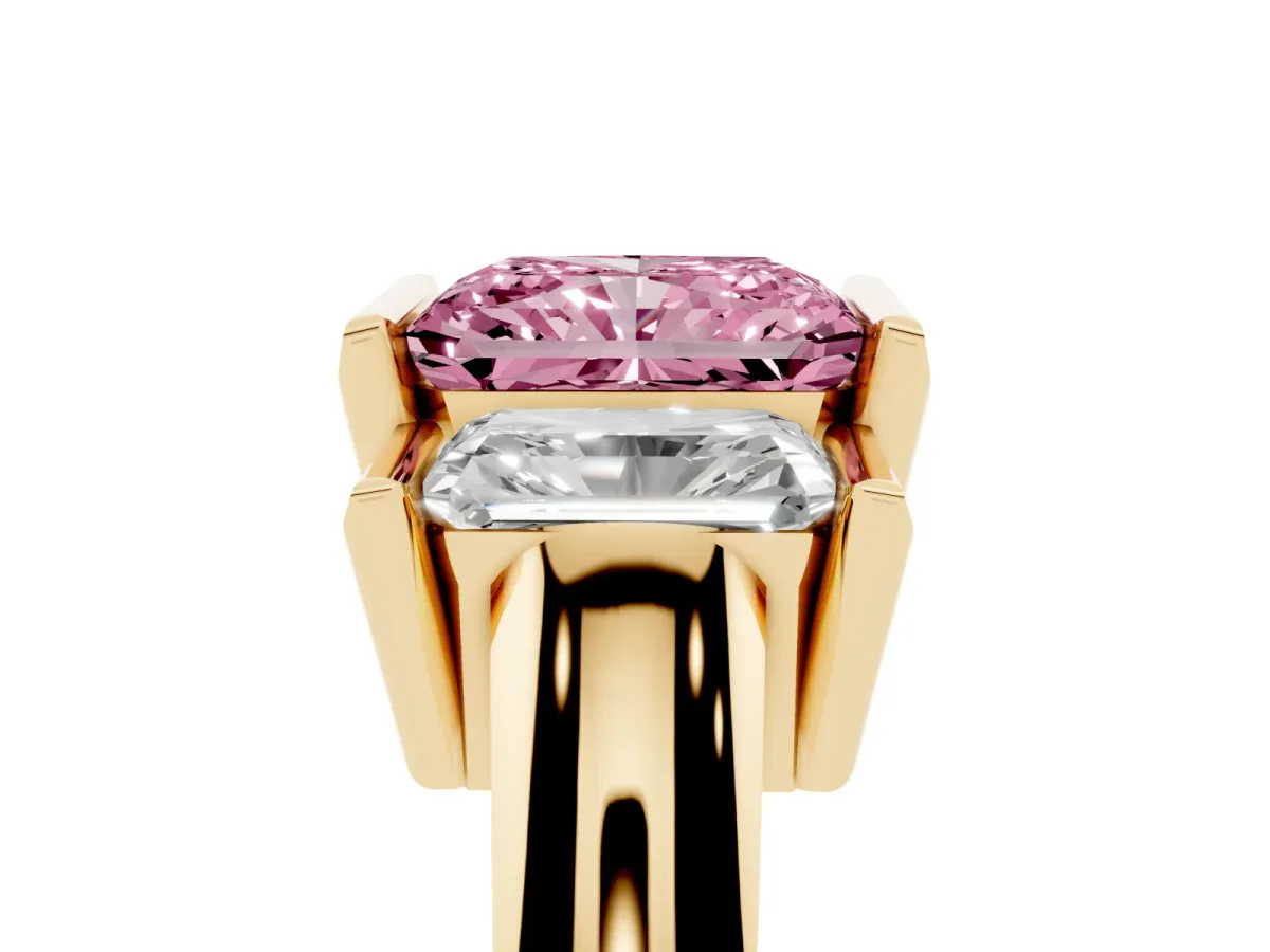Fancy Pink Three Stone Radiant Cut Cut Channel Set Diamond Ring Yellow gold