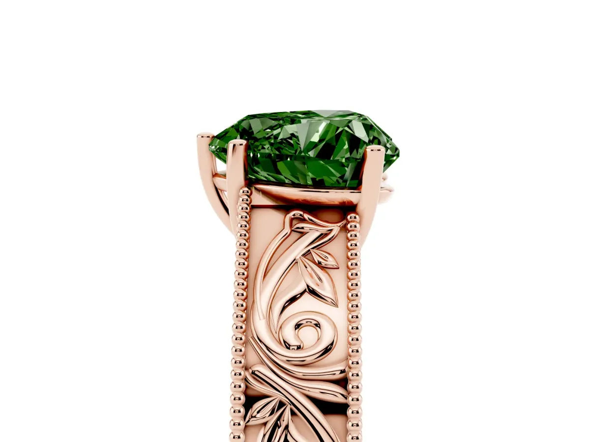 Fancy Green Heart Cut Diamond Solitaire Ring with Engraved Band and Four-Prong Setting Rose gold
