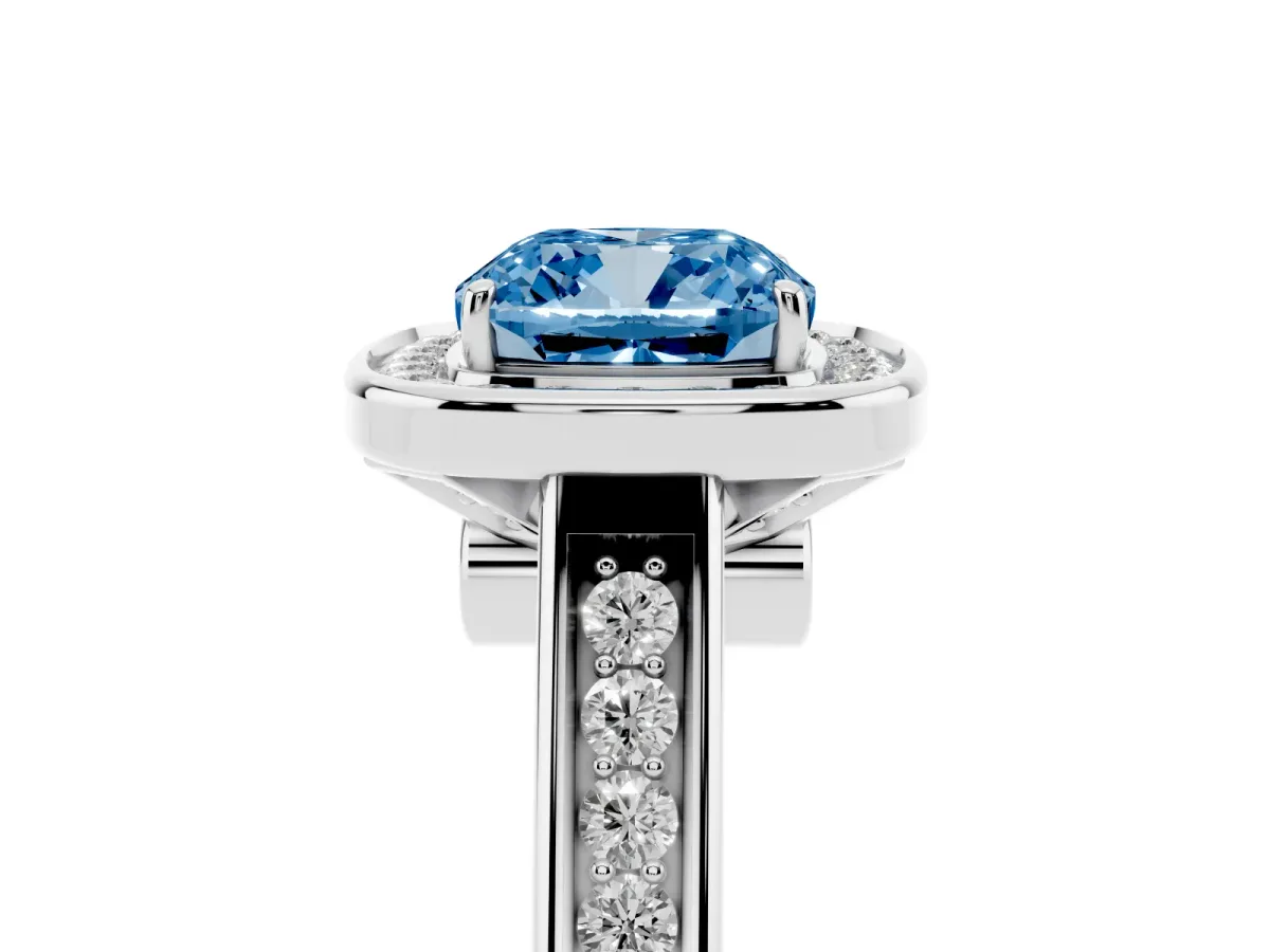 Fancy Blue Cushion Cut Halo Solitaire Diamond Ring with Pave Band and Bezel Setting Silver