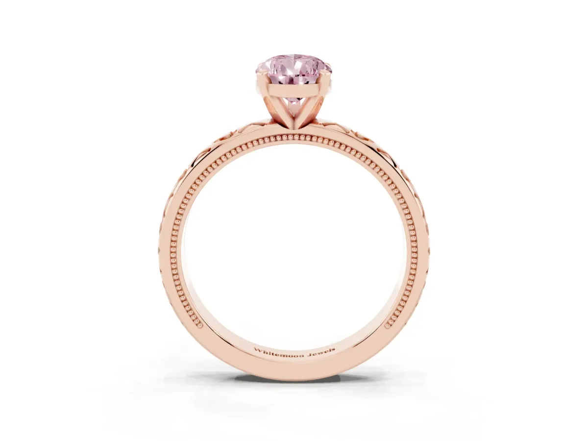 Fancy Pink Pear Cut Solitaire Diamond Engagement Ring with XO Engraved Band and Four-Prong Setting Rose gold