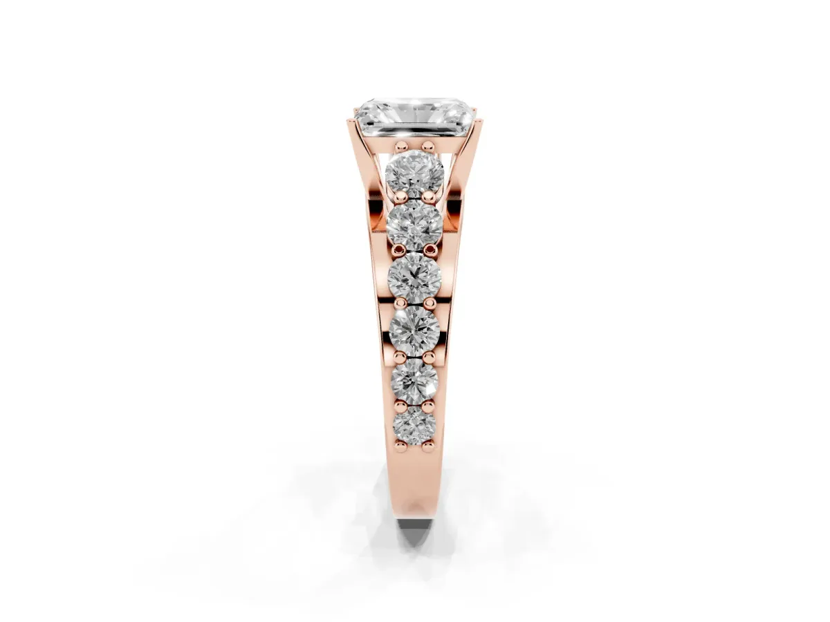 Radiant Cut Diamond Engagement Ring with Pavé Band and Four-Prong Setting Rose gold