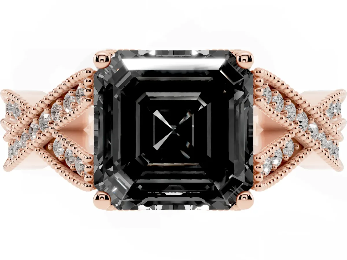 Fancy Black Asscher Cut Cut Diamond Twisted Band with Milgrain Pave Setting and Four-Prong Setting Rose gold