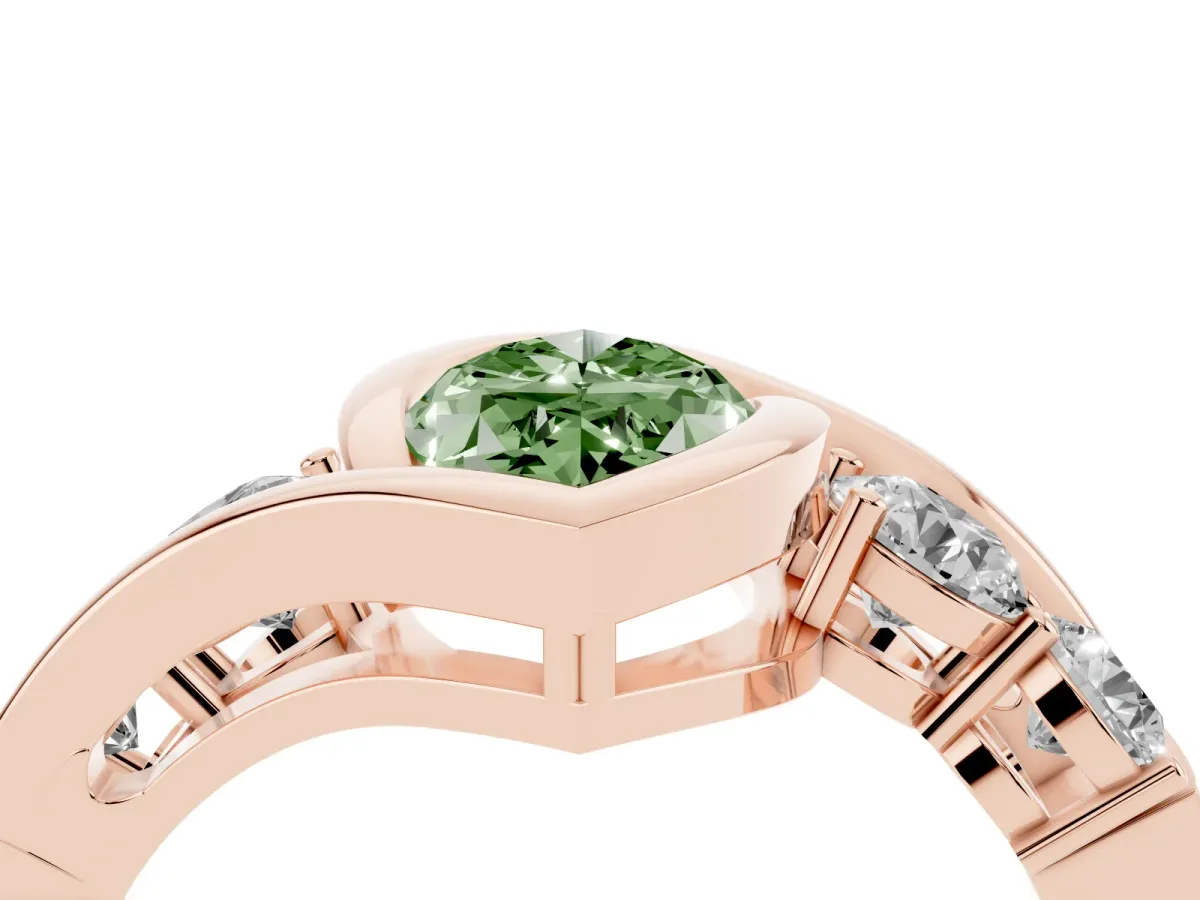 Fancy Green Bezel Set Marquise Cut Diamond Bypass Ring with Round Accents Rose gold