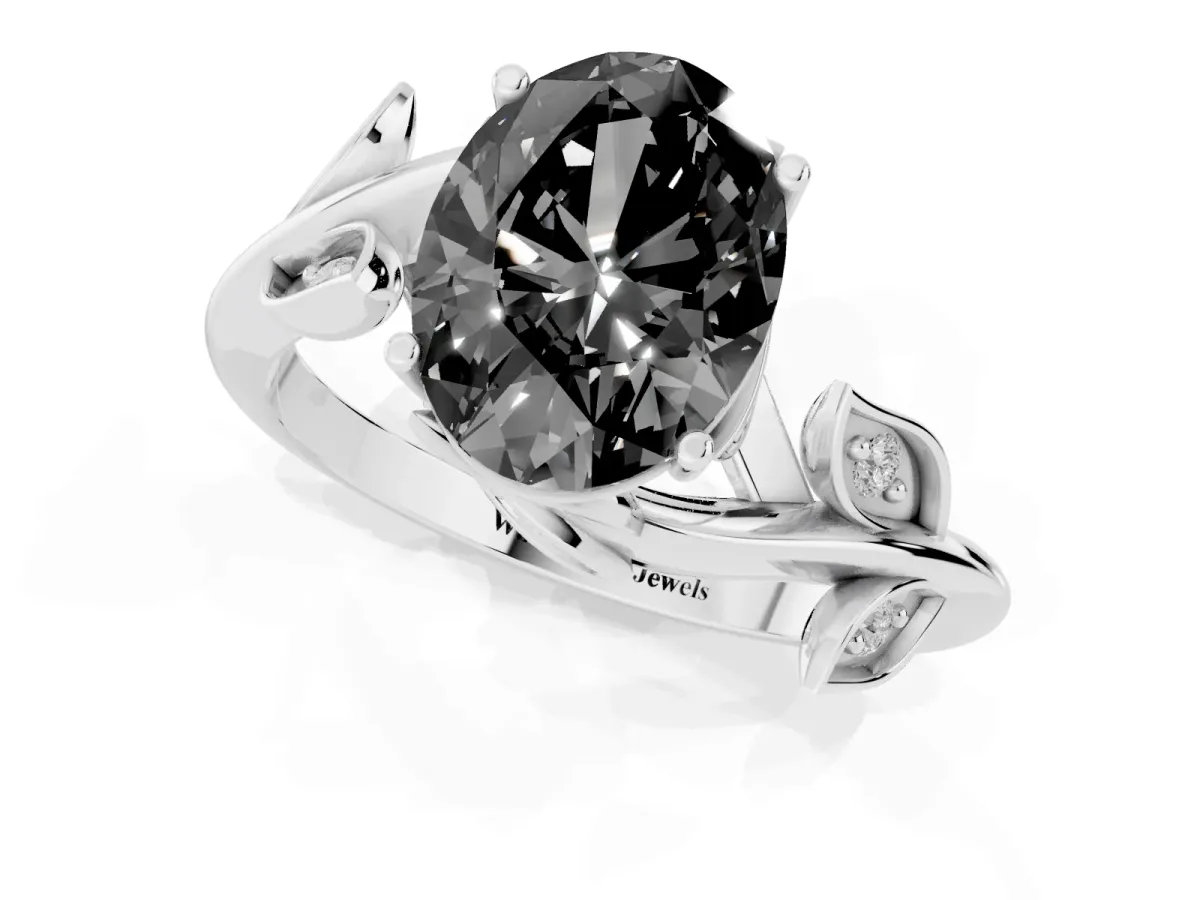Fancy Black Oval Cut Solitaire Twist Engagement Ring with Leaf Accents and Prong Setting Silver