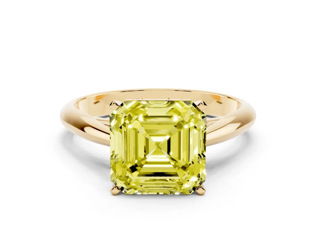 Fancy Yellow Asscher Cut Diamond Solitaire Engagement Ring with Cathedral Setting and Four-Prong Mount Yellow gold