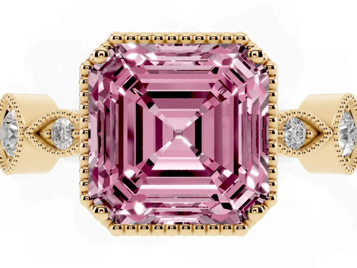 Fancy Pink Asscher Cut Diamond Vintage Milgrain Ring with Round Stations Yellow gold