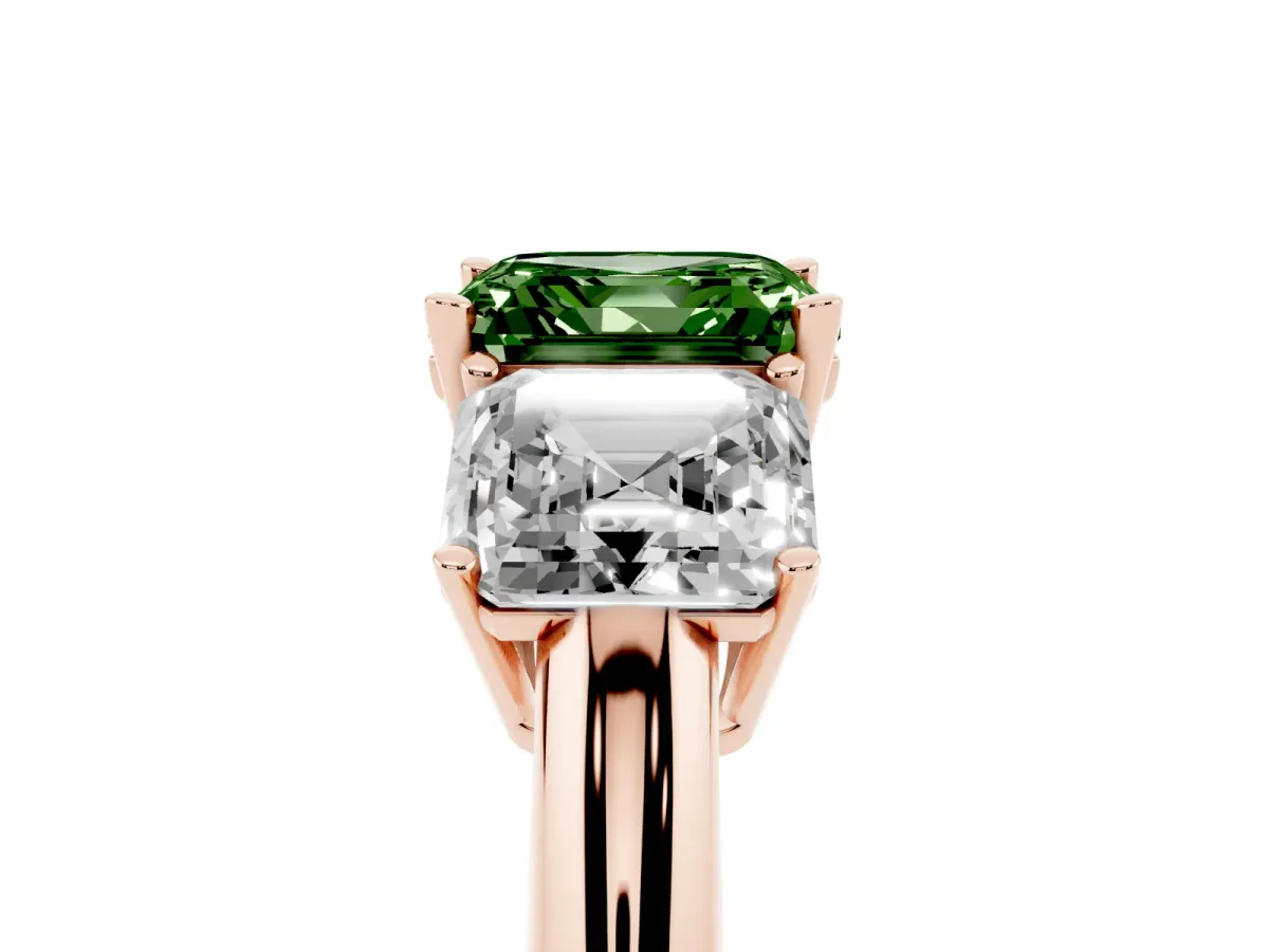 Fancy Green Three-Stone Asscher Cut Cut Diamond Engagement Ring with Prong Setting on a White Gold Band Rose gold