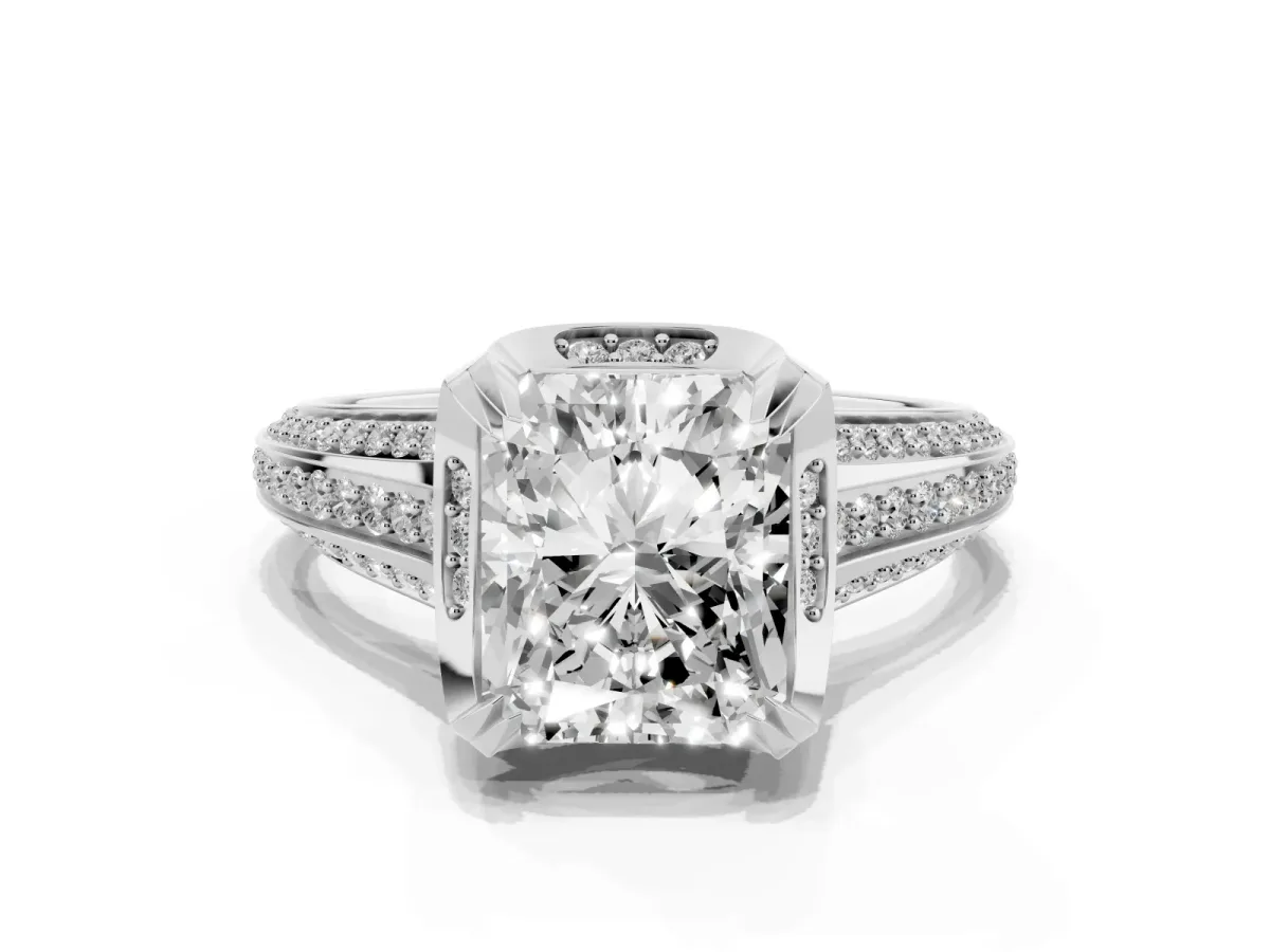 Radiant Cut Solitaire Pave Split Shank Ring with Four-Prong Setting Silver