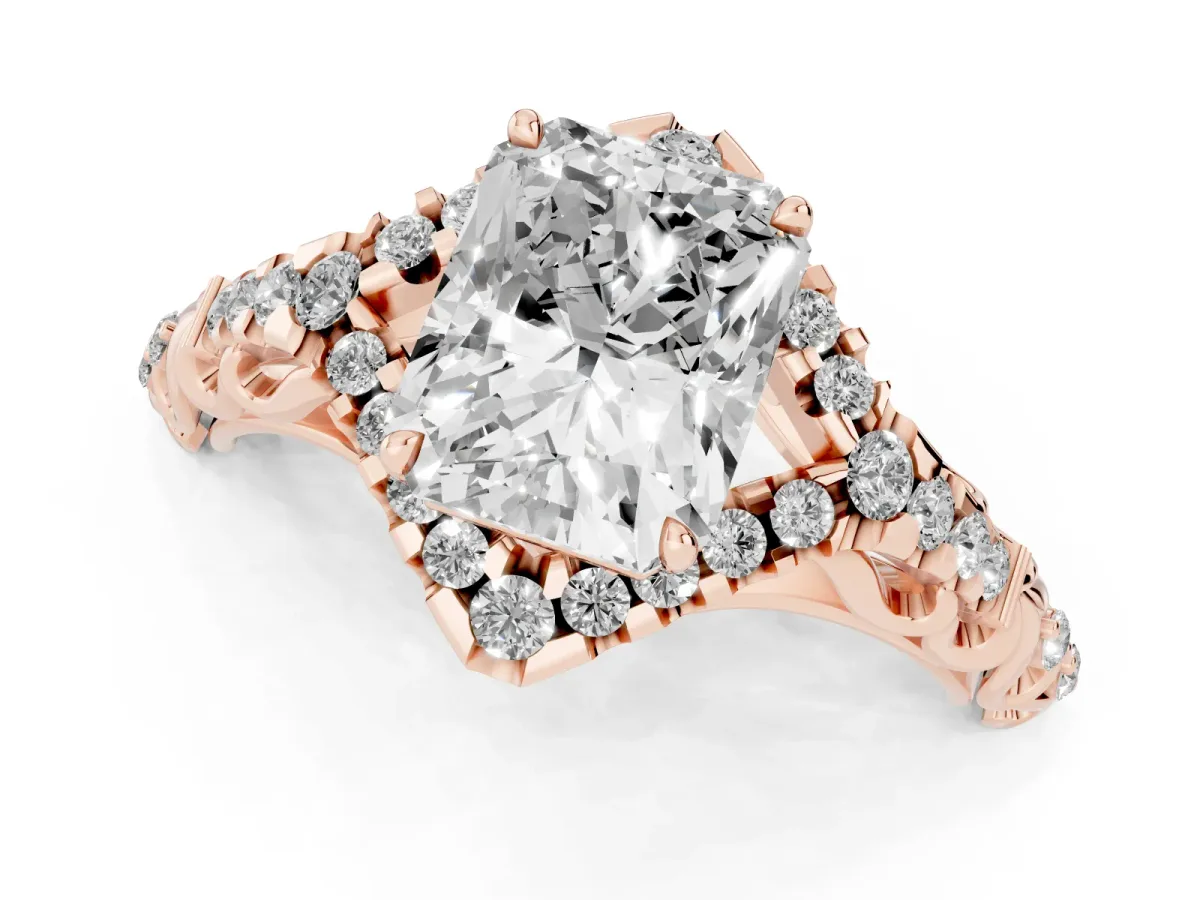 Radiant Cut Diamond Solitaire Ring with Hidden Halo and Pavé Band Rose gold
