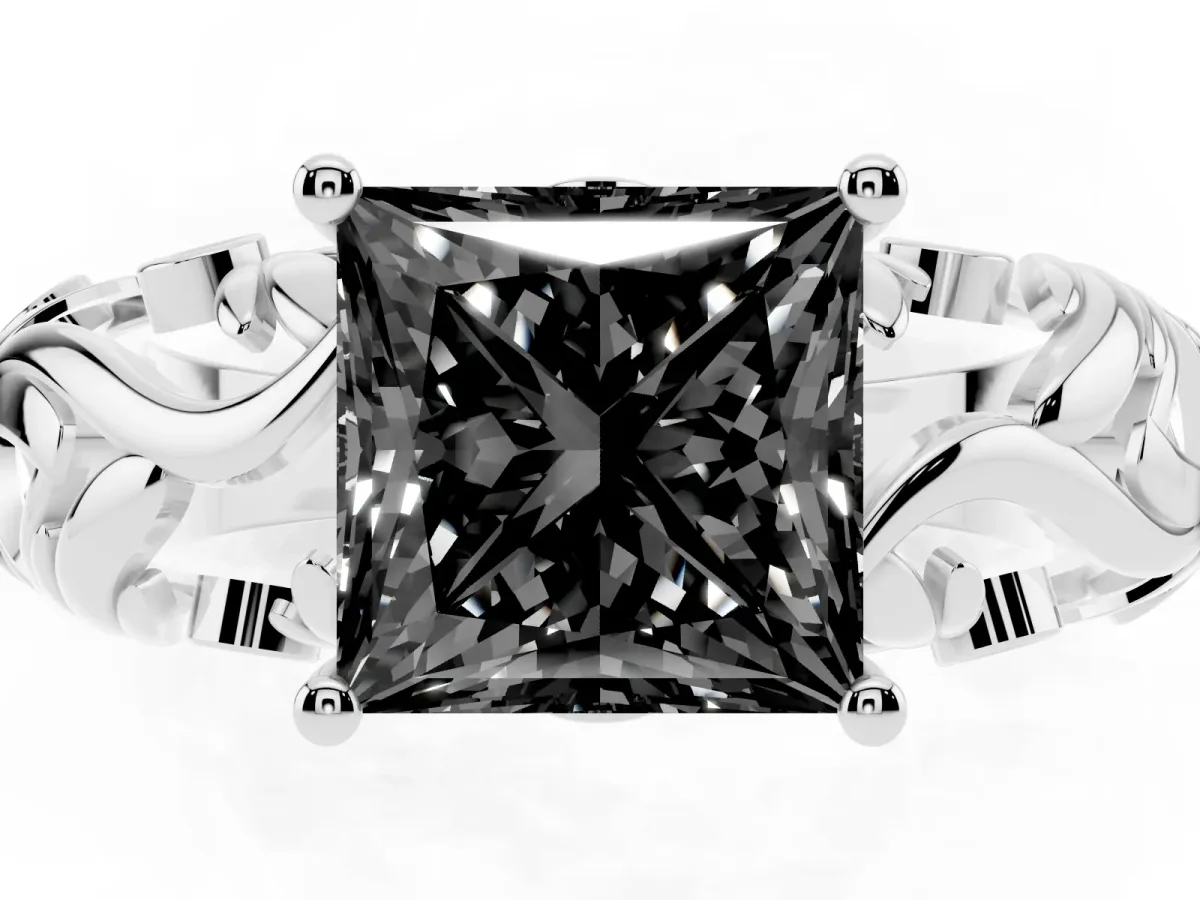 Fancy Black Princess Cut Solitaire Diamond Leaf-Inspired Vine Band Ring with Prong Setting Silver