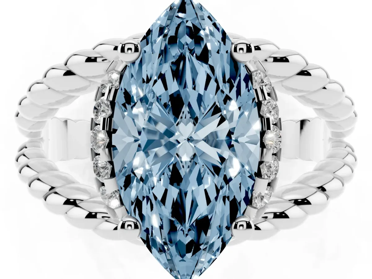 Fancy Blue Marquise Cut Halo Twisted Band Four-Prong Ring Platinum