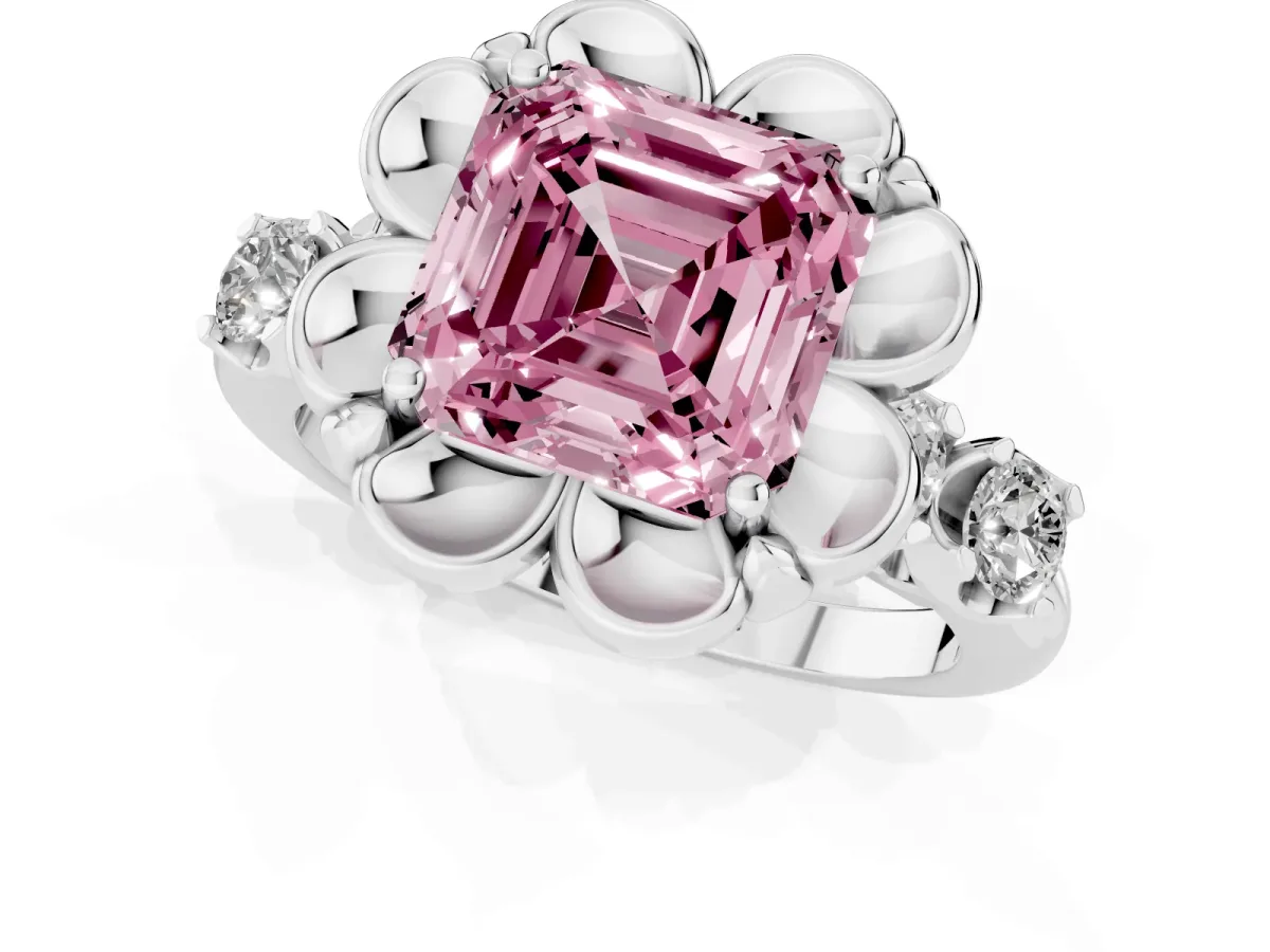 Fancy Pink Asscher Cut Cut Diamond Floral Halo Engagement Ring with Shared Prong Setting Silver