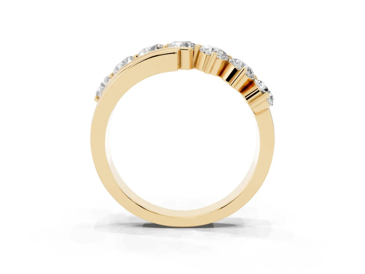 Round Diamond Wave Band with Channel and Shared Prong Setting Yellow gold