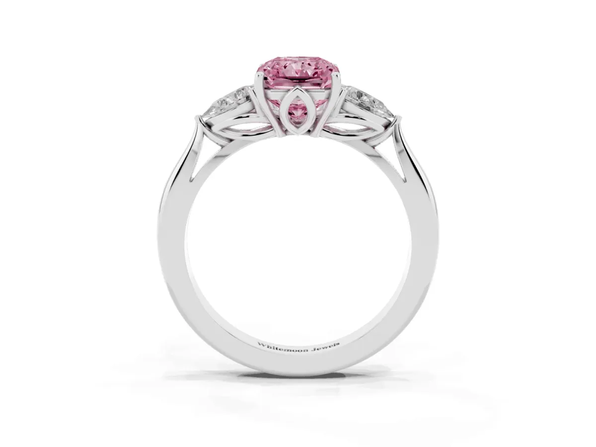 Fancy Pink Three-Stone Radiant Cut Diamond Ring with Pear Side Stones in Four-Prong Setting Silver