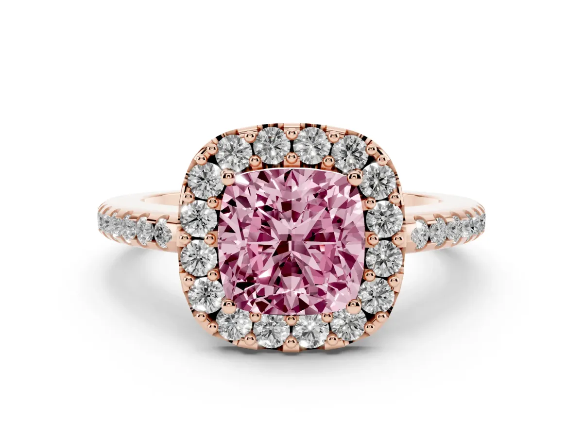 Fancy Pink Cushion Cut Diamond Pavé Halo Ring with Four-Prong Setting Rose gold