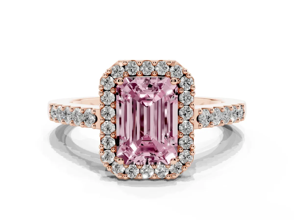 Fancy Pink Emerald Cut Halo Diamond Pavé Solitaire Ring Rose gold