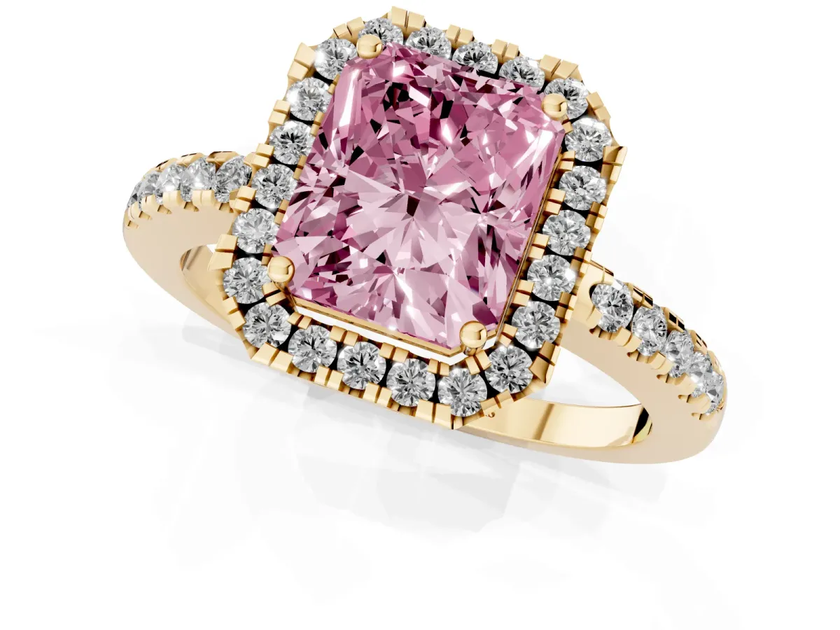 Fancy Pink Radiant Cut Halo Diamond Engagement Ring with Pavé Band and Four-Prong Setting Yellow gold