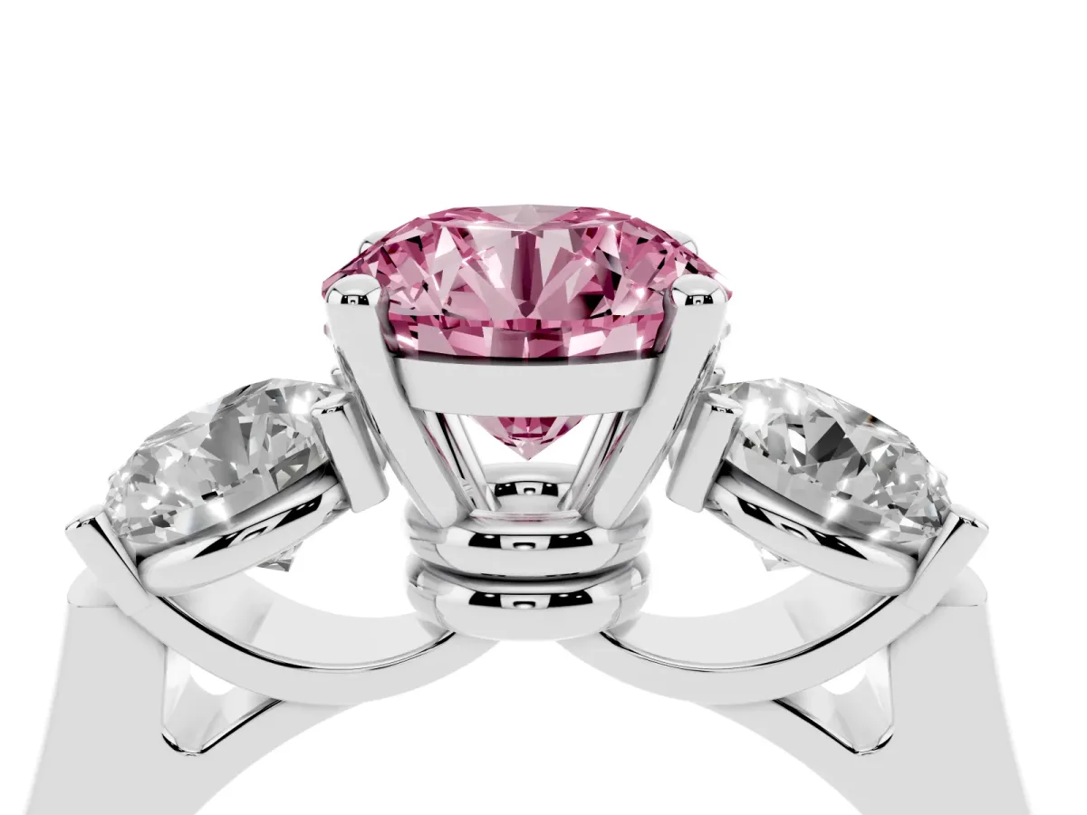 Fancy Pink Three-Stone Round Cut Brilliant Diamond Trellis Ring with Comfort Fit Band Silver