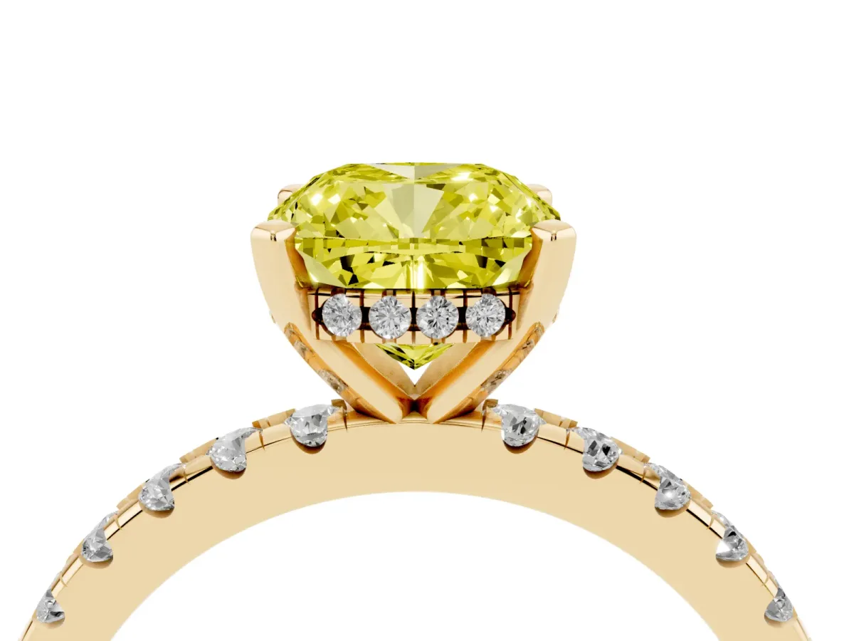 Fancy Yellow Cushion Cut Diamond Solitaire Ring with Round Pavé Band and Four-Prong Setting Yellow gold
