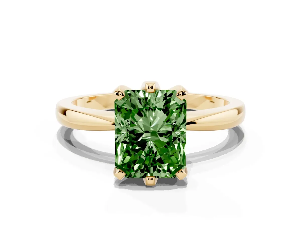 Fancy Green Radiant Cut Solitaire Engagement Ring with Six-Prong Setting and Tapered Band Yellow gold