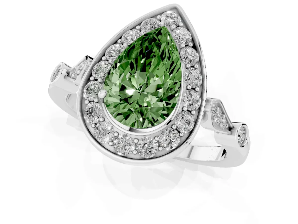 Fancy Green Pear Cut Halo Diamond Engagement Ring with Twisted Band and Four-Prong Setting Platinum