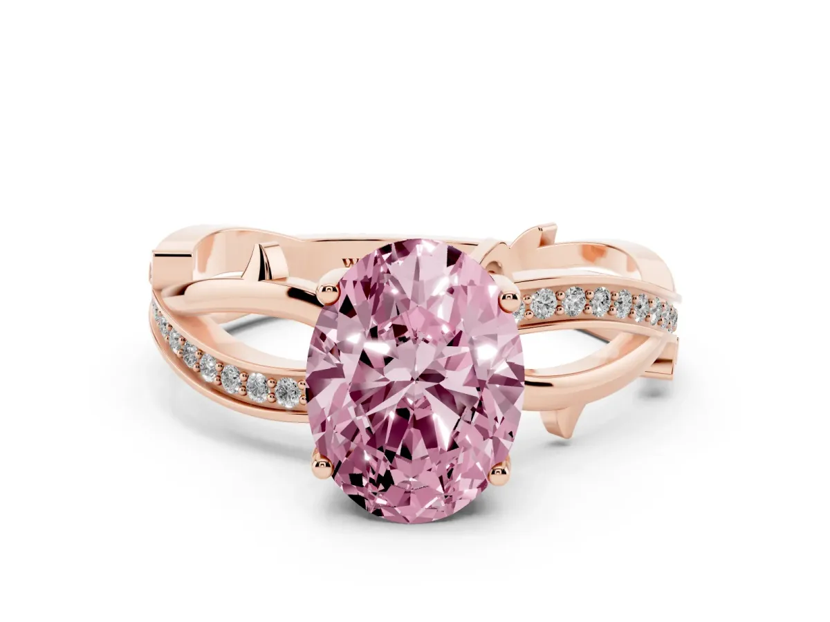 Fancy Pink Oval Cut Solitaire Twist Band with Pavé Accents and Four-Prong Setting Rose gold