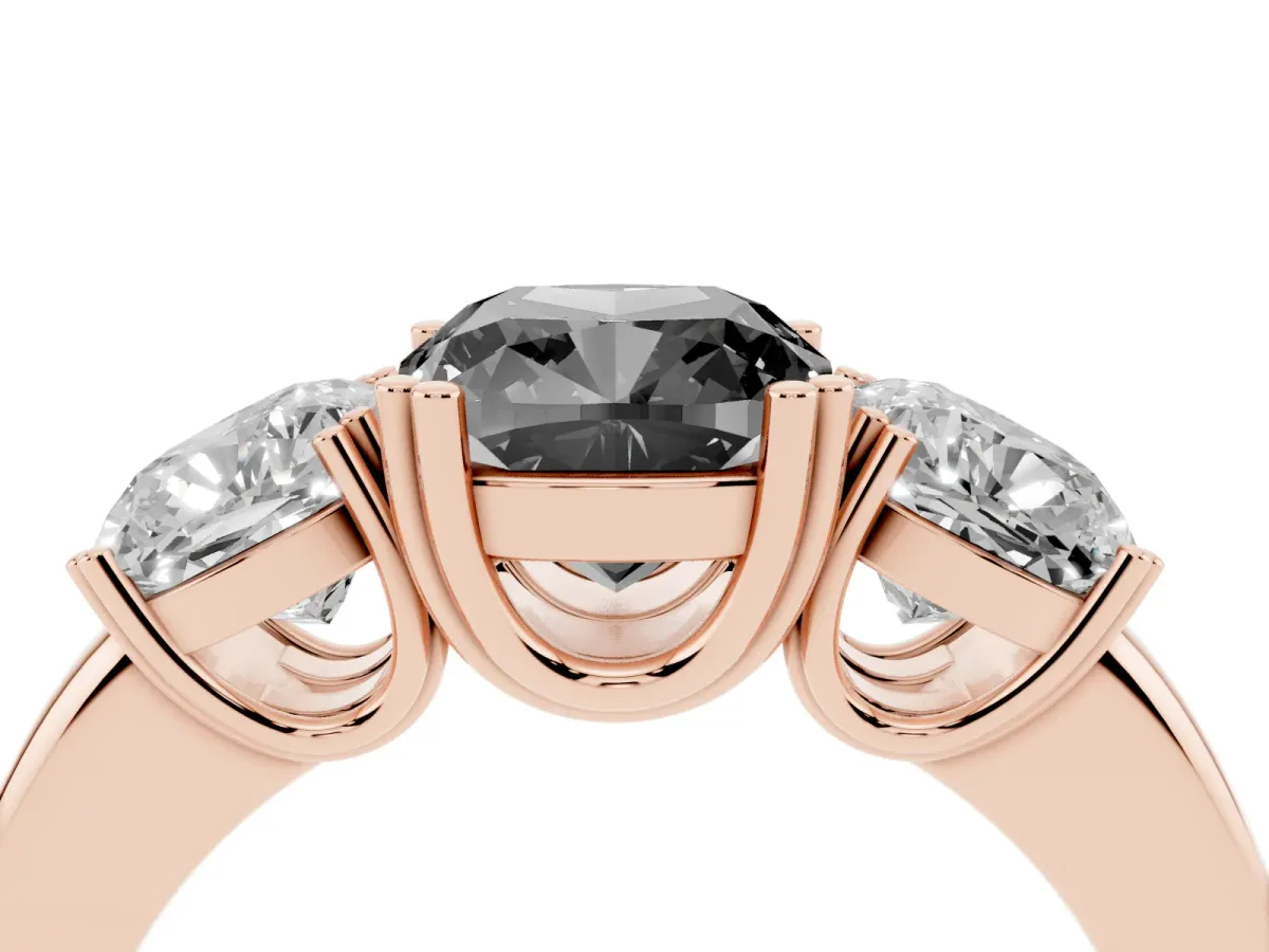 Fancy Black Three-Stone Cushion Cut Cut Diamond Ring with Channel Set Band and Four-Prong Setting Rose gold