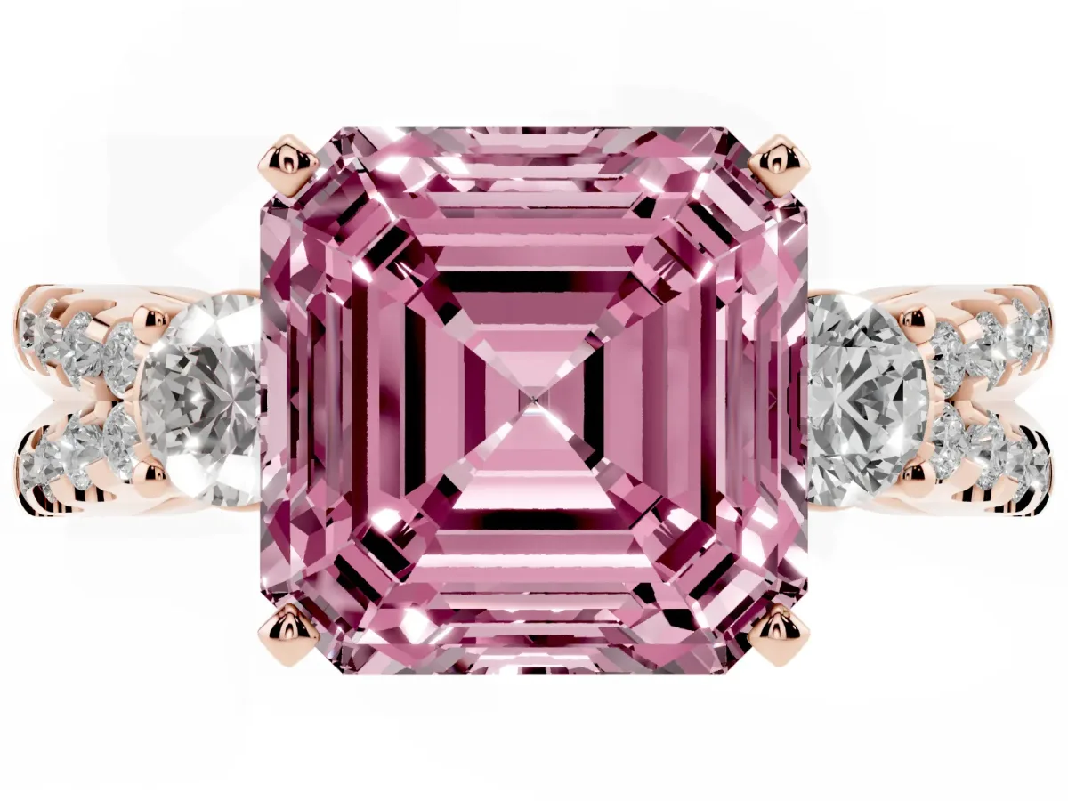 Fancy Pink Asscher Cut Diamond Three-Stone Ring with Pavé Split Shank and Four-Prong Setting Rose gold