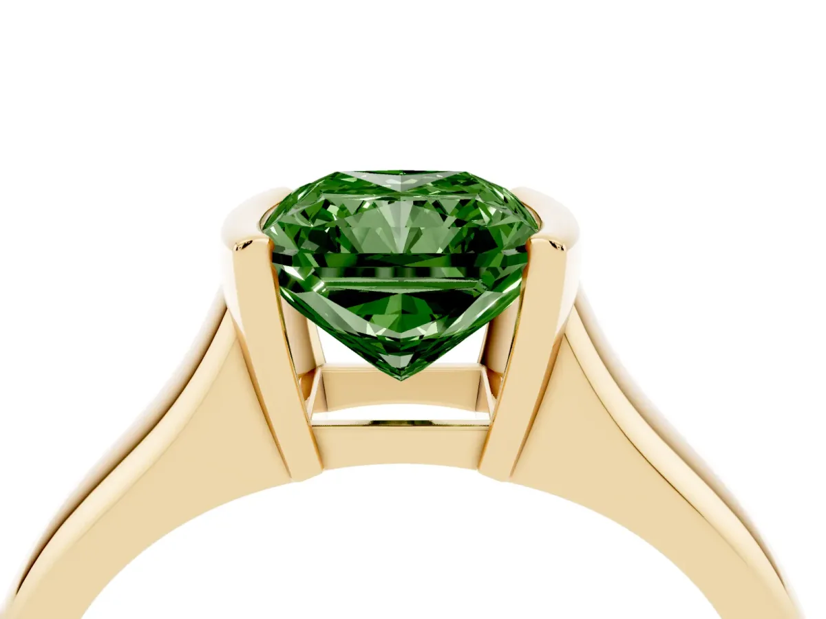 Fancy Green Radiant Cut Solitaire Tension Set Diamond Ring with Split Shank Band Yellow gold