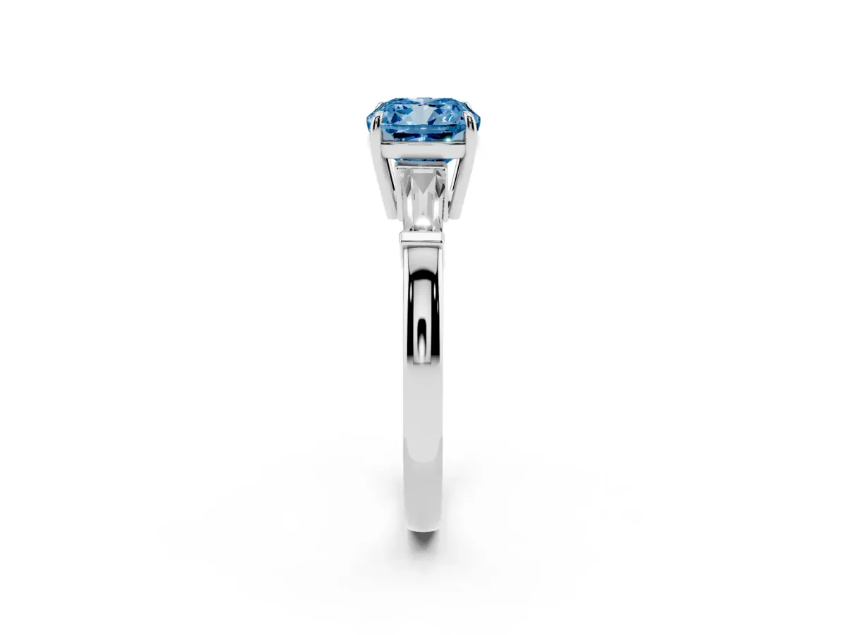 Fancy Blue Cushion Cut Diamond Three-Stone Ring with Tapered Baguette Side Stones and Prong Setting Silver