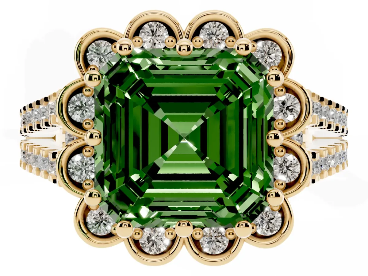Fancy Green Asscher Cut Halo Diamond Floral Split Shank Engagement Ring Yellow gold