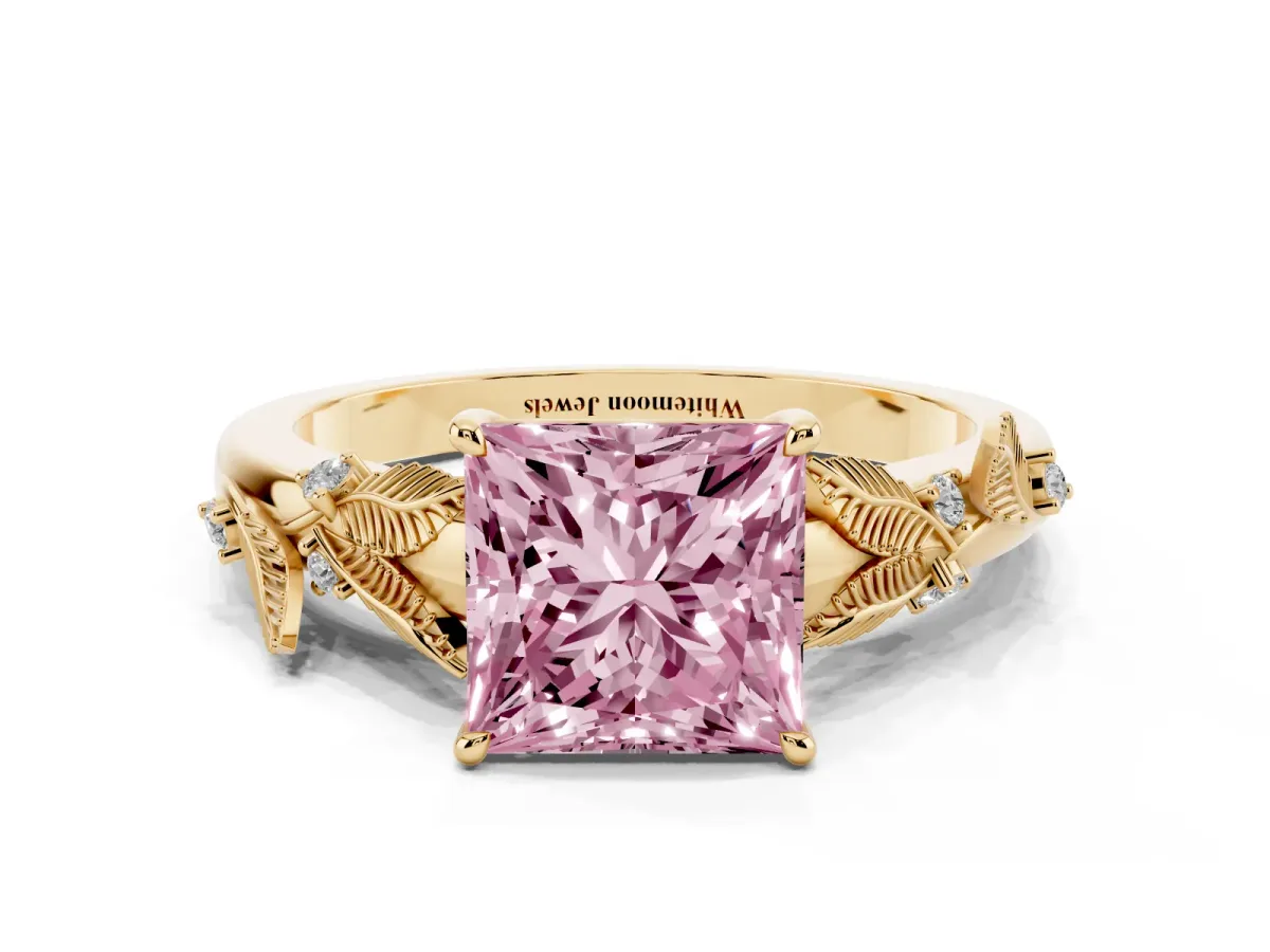 Fancy Pink Princess Cut Diamond Solitaire Ring with Leaf Motif Band and Four-Prong Setting Yellow gold