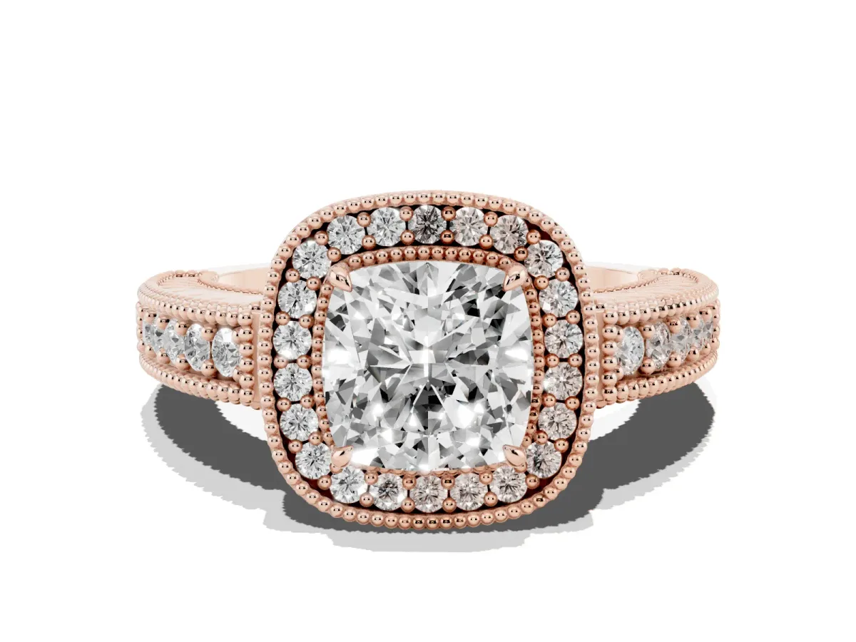 Cushion Cut Cut Halo Diamond Ring with Pavé Band and Four-Prong Setting Rose gold