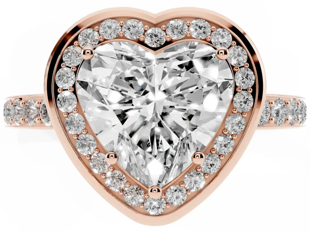 Heart Cut Diamond Halo Ring with Bezel Frame and Pavé Band Rose gold