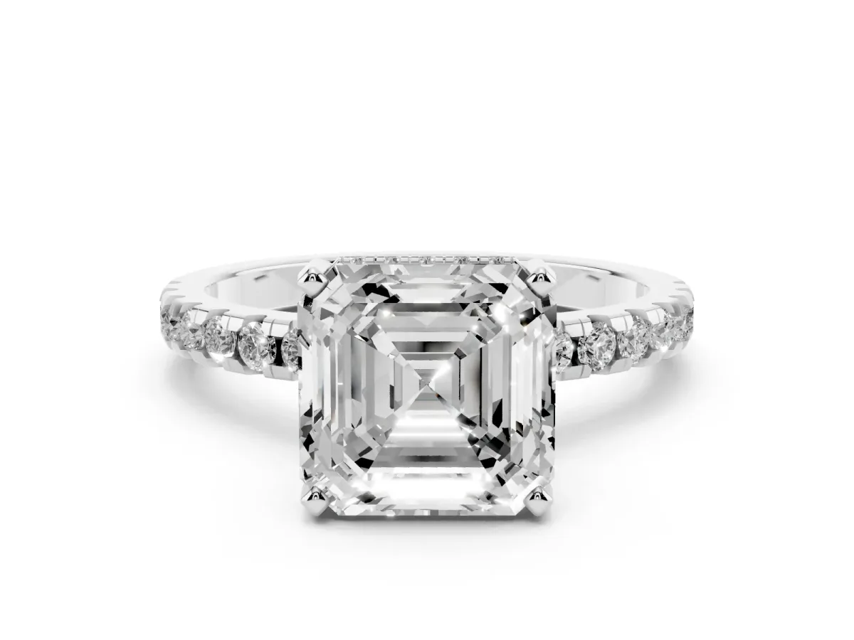 Asscher Cut Diamond Solitaire Ring with Round Pavé Band and Four-Prong Setting Silver